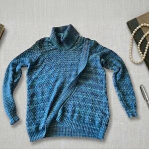 Ricki's Revolution Asymmetrical Cowl Neck Button Knit Marled Blue Sweater XXL